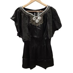 Lucy Paris Studded Neckline Lightweight Black Tunic Top Black Size Medium Nwt